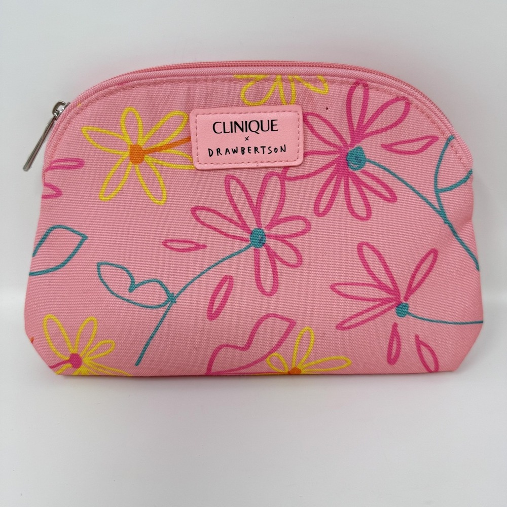 Clinique X Drawbertson Pink Floral Makeup Bag Zipper Cosmetic Pouch Travel